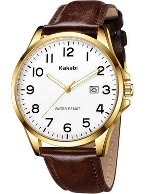 Men's White Brown Leather Strap Analog Quartz Waterproof Minimalist Wrist Watch